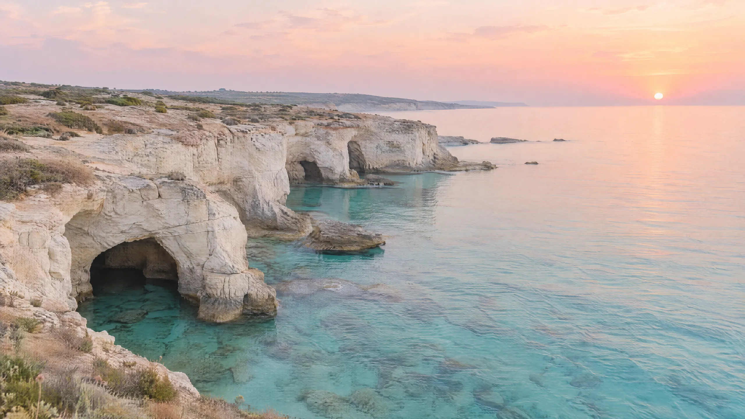 Limestone cliffs and turquoise water in soft light