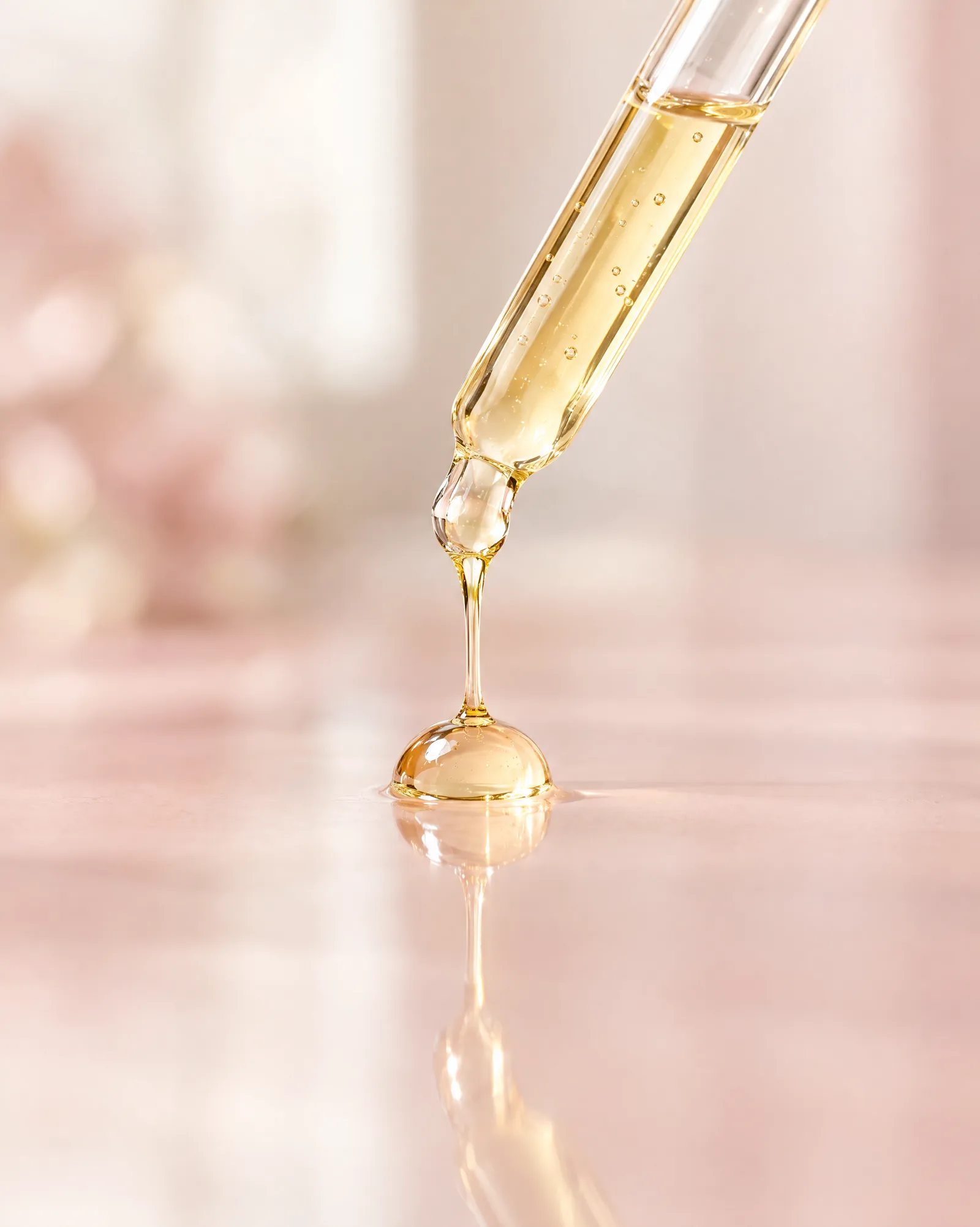 A golden drop of serum falling from a glass pipette